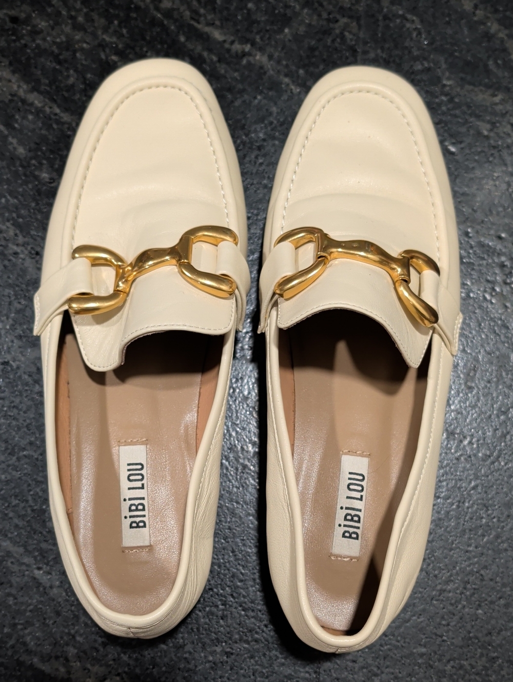 BibiLou Anthropologie Cream Leather Loafers with Gold Clasp